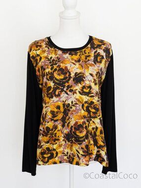 Kobi Halperin Women's Size L Black Floral Silk Contrast Top Lightweight Tee